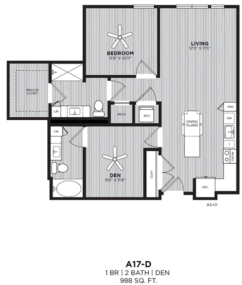 Floor plan for 1 bed, 1 bath, 988 sqft